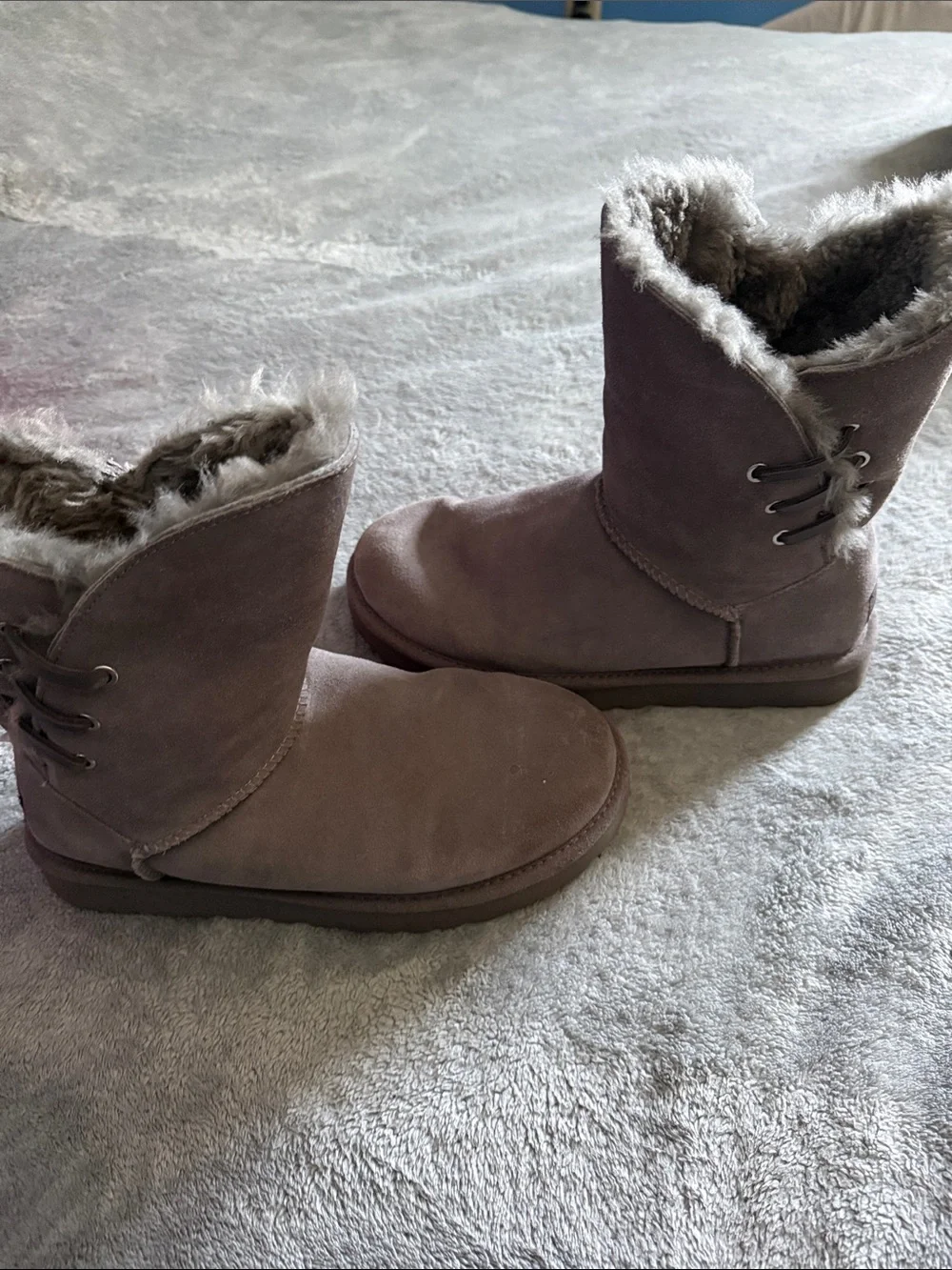 UGG Women's Taupe Suede Shearling Lace-Up Mid-Calf Boots